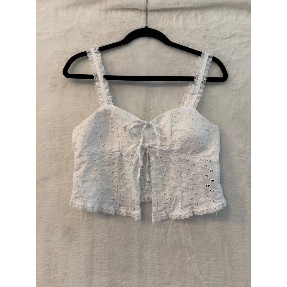 Madden NYC White Eyelet Crop Top Women Medium Lace Trim Smocked Back Tie Front